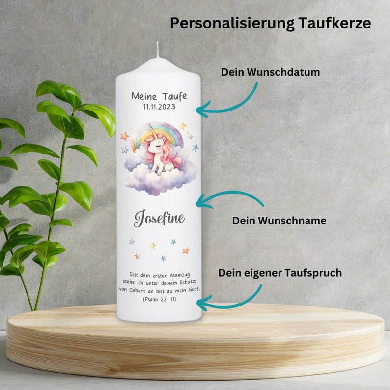 Taufkerze Einhorn / Taufkerze mit Taufspruch / Taufkerze mit Patenkerzen / Geschenk zur Taufe / Kerze zur Taufe / TK034 Taufkerze 25x8cm