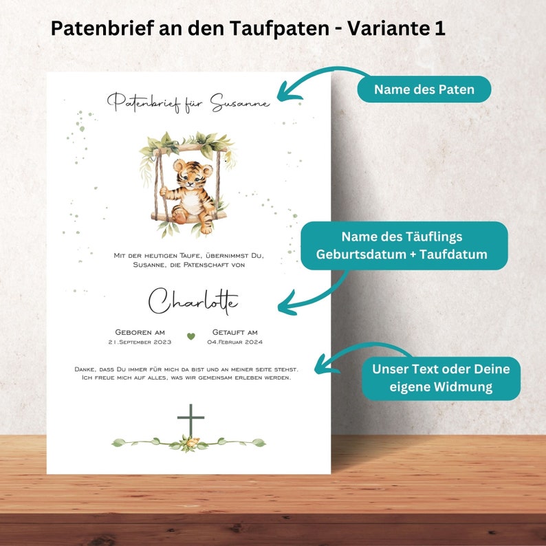 Was Schreibe Ich Meinem Patenkind Zur Taufe Patenbrief Zur Taufe tiger / Taufurkunde / Geschenk Fürs Patenkind Zur