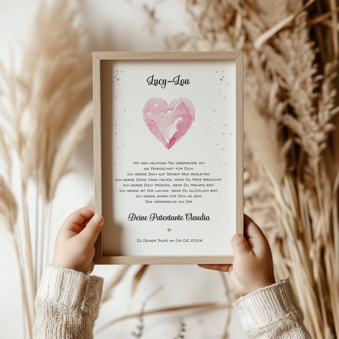 Patenbrief Zur Taufe herz Aquarell Rosa/pink / Taufurkunde / Geschenk