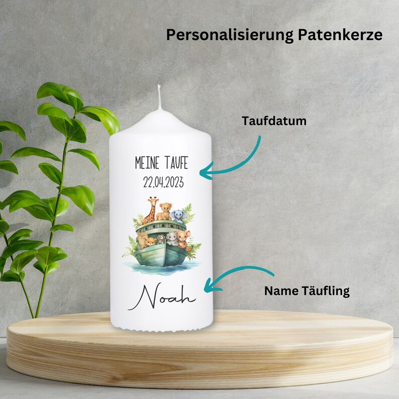 Taufkerze mit Taufspruch Arche Noah Taufkerze mit Patenkerzen / Geschenk zur Taufe / Kerze zur Taufe / TK002 Patenkerze 15x8cm