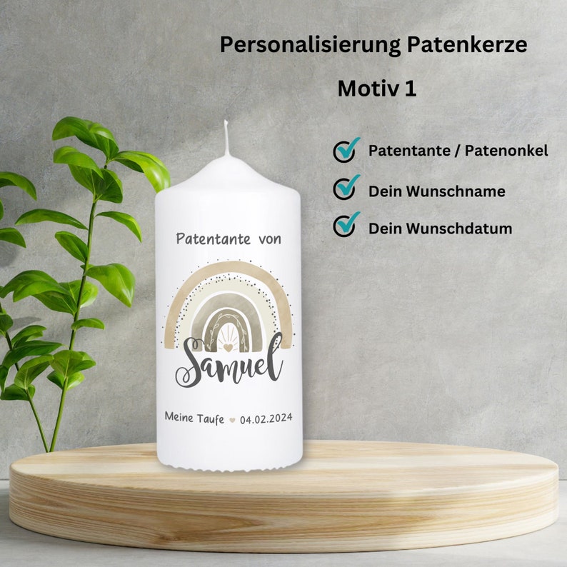 Personalisierte Taufkerze Regenbogen grün/beige / Taufkerze mit Taufspruch / Geschenk zur Taufe / Kerze zur Taufe / TK069 Patenkerze Variante1