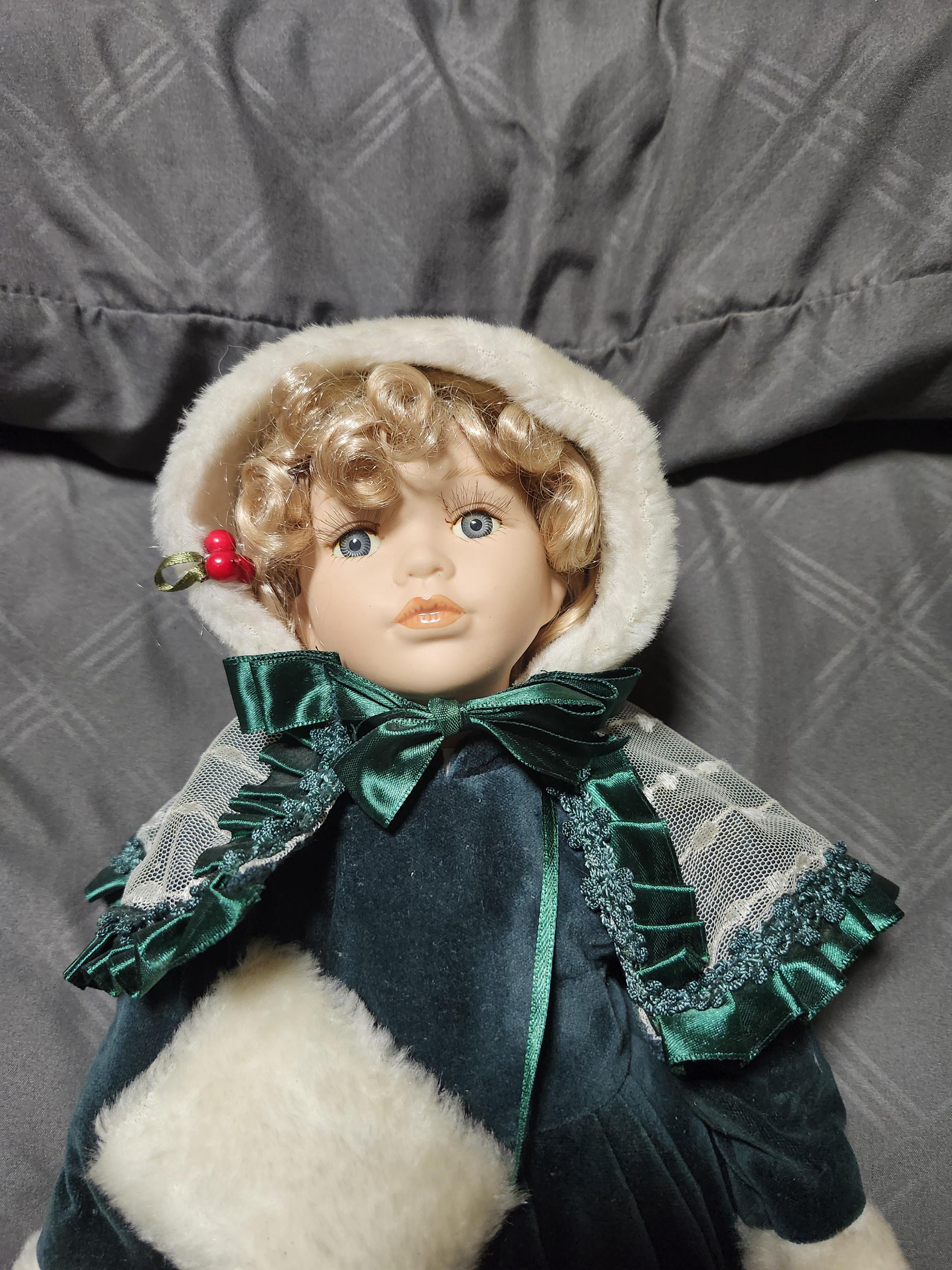 green emerald velvet dress Vintage Victorian Porcelain Doll in a Green Dress Christmas Holiday Do  La  Guanaquita's Closet
