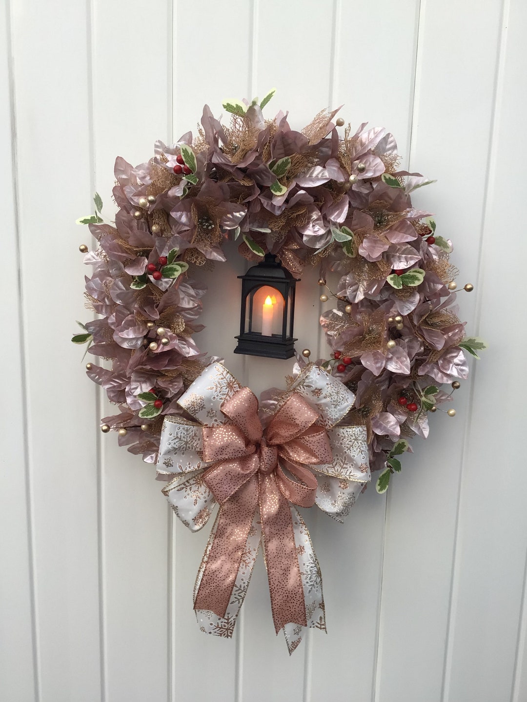 Rose Gold Wreath, Christmas Wreath, Christmas Door Hanger, Lantern