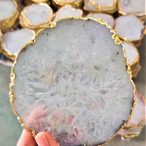 White Agate Crystal Stone, White with Gold Edge, Coaster, Crystal Coasters