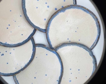 Set of 6 handmade ceramic dessert plates, blue, white and good; pottery clay tableware