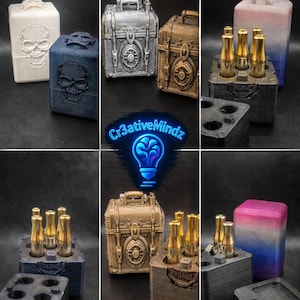 May include: A display of 5 vape cartridge storage docks in various styles: Skull, Steampunk, and Smooth. The Skull style features skull designs, Steampunk has a metallic chest design, and Smooth has gradient color blocks. Each dock holds gold-colored cartridges.