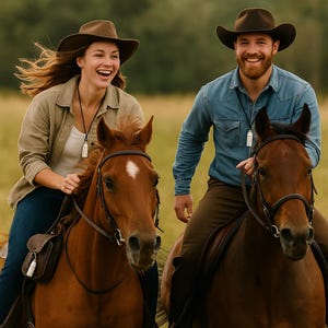 May include: Two individuals wearing brown cowboy hats while riding brown horses. One wears a tan button-down shirt over a white top, and the other wears a blue denim shirt. Both have white pendants on black cords and brown leather saddles.