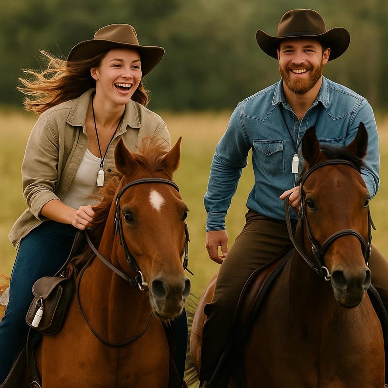 May include: Two individuals wearing brown cowboy hats while riding brown horses. One wears a tan button-down shirt over a white top, and the other wears a blue denim shirt. Both have white pendants on black cords and brown leather saddles.