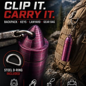 May include: A metallic purple cylindrical capsule with a pointed top, featuring a screw-top lid and a steel carabiner attachment. The text reads CR3ATIVEMINDZ, CLIP IT. CARRY IT. BACKPACK, KEYS, LANYARD, GEAR BAG, and STEEL D-RING INCLUDED.