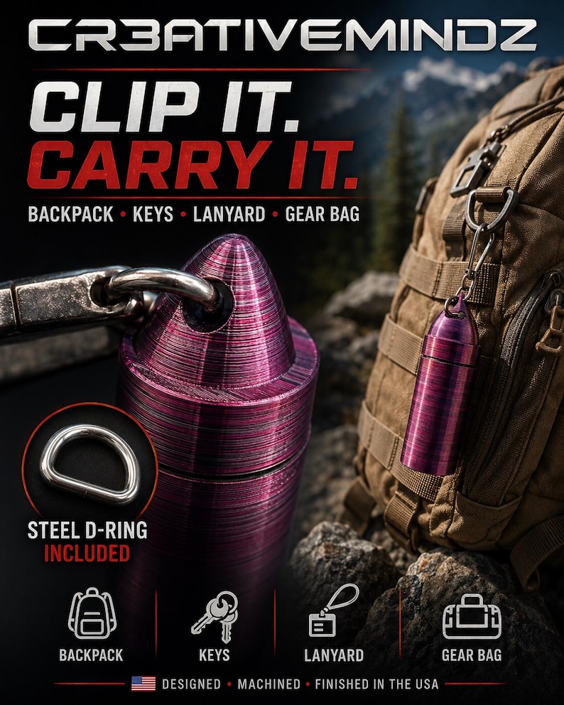 May include: A metallic purple cylindrical capsule with a pointed top, featuring a screw-top lid and a steel carabiner attachment. The text reads CR3ATIVEMINDZ, CLIP IT. CARRY IT. BACKPACK, KEYS, LANYARD, GEAR BAG, and STEEL D-RING INCLUDED.
