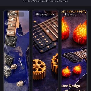 May include: Image showcasing custom guitar knob styles. Options include skull, steampunk gear, and flame designs. The image features a blue electric guitar with skull knobs, steampunk gear knobs, and fiery flame designs.