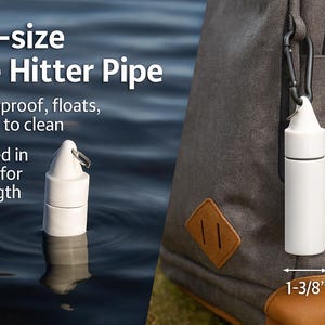 May include: A white full-size one-hitter pipe, 5-1/4 inches long and 1-3/8 inches wide, attached to a backpack. The pipe is waterproof, floats, and includes a poker. The text says it's printed in PETG for strength.