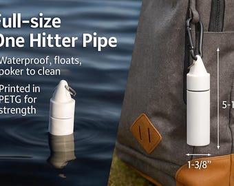 May include: A white one hitter pipe with a waterproof design that floats, featuring a cleaning poker. The pipe measures 5-1/4 inches in height and 1-3/8 inches in width. It is printed in PETG material and includes a black carabiner for attachment.