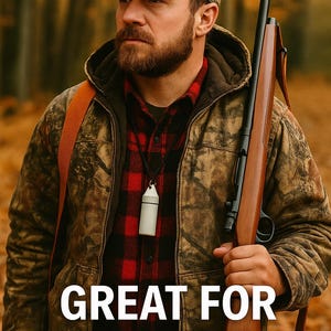 May include: A camouflage baseball cap, a camouflage hooded jacket, and a red and black plaid shirt. A white cylindrical pendant hangs from a black cord around the neck. A wooden rifle with a black barrel is held. The text reads GREAT FOR HUNTING.