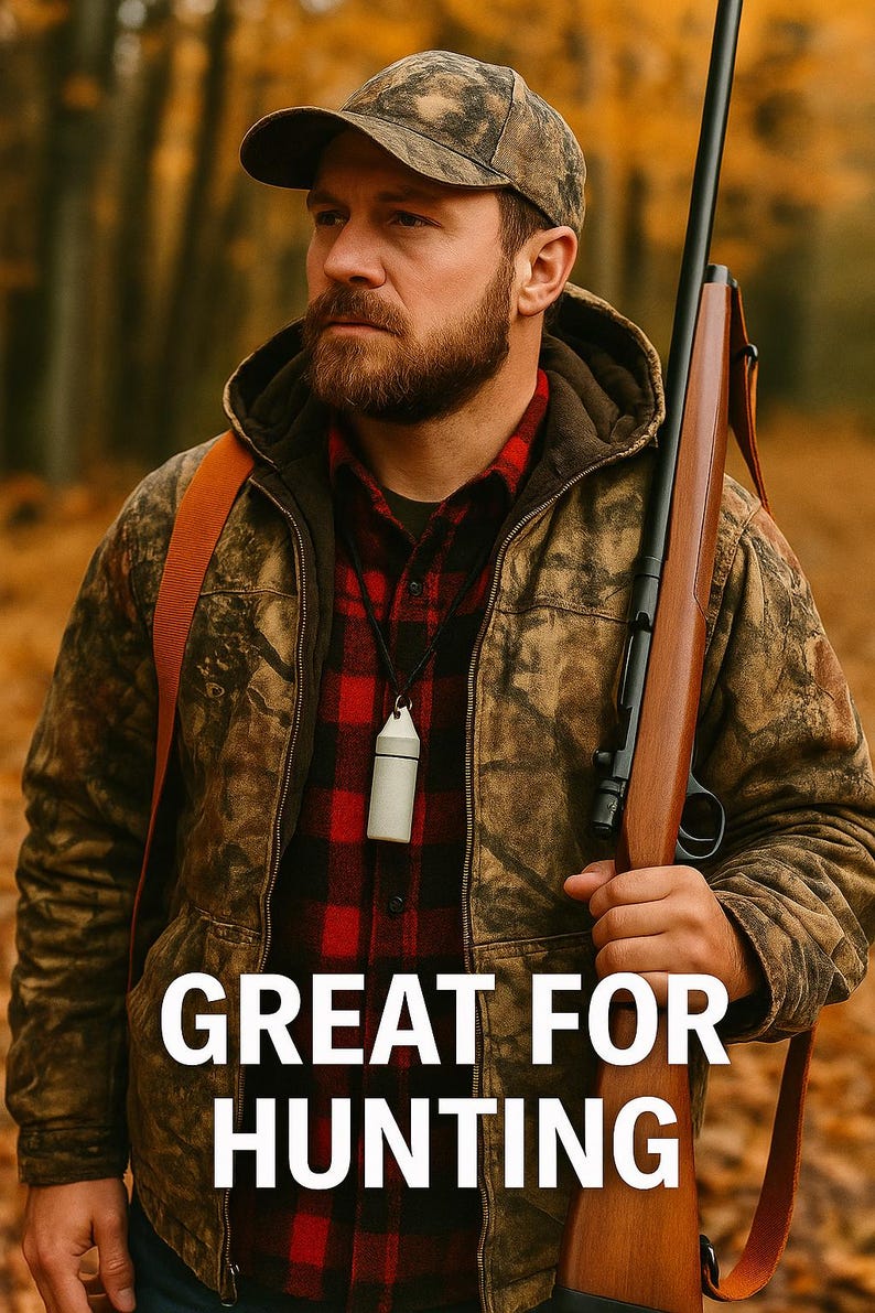 May include: A camouflage baseball cap, a camouflage hooded jacket, and a red and black plaid shirt. A white cylindrical pendant hangs from a black cord around the neck. A wooden rifle with a black barrel is held. The text reads GREAT FOR HUNTING.