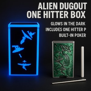 May include: A black and blue glowing box with alien ship designs and the text "ALIEN DUGOUT ONE HITTER BOX". Includes a green box with alien designs, a white cylinder, and a metal poker. The text says "GLOWS IN THE DARK, INCLUDES ONE HITTER P, BUILT-IN POKER".