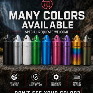 May include: A row of nine cylindrical metal containers with screw-top lids and attached rings, featuring various finishes including black, silver, white, green, blue, pink, purple, rainbow, and bronze. Text includes CR3ATIVEMINDZ, MANY COLORS AVAILABLE, and SPECIAL REQUESTS WELCOME.