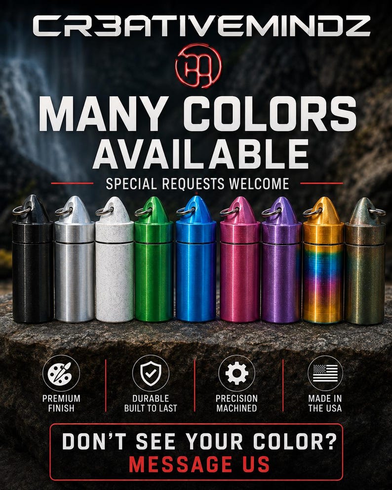May include: A row of nine cylindrical metal containers with screw-top lids and attached rings, featuring various finishes including black, silver, white, green, blue, pink, purple, rainbow, and bronze. Text includes CR3ATIVEMINDZ, MANY COLORS AVAILABLE, and SPECIAL REQUESTS WELCOME.