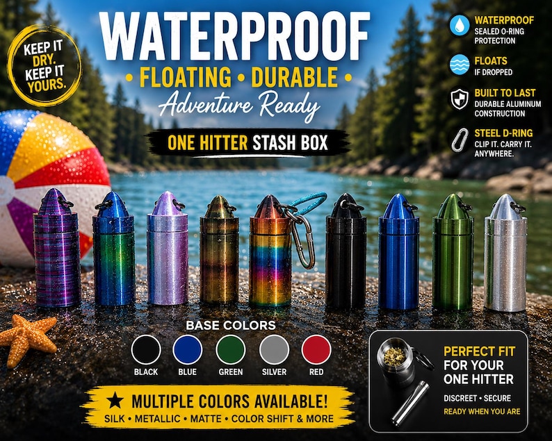 May include: A collection of nine cylindrical aluminum stash boxes in various finishes including metallic, matte, and color-shift. Each container features a pointed screw-top lid with a small metal loop and a carabiner attached to one unit.
