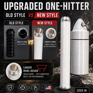 May include: A white one-hitter pipe and matching storage container with a metallic finish. The image includes text comparing an old style to a new style, highlighting a larger bowl design for increased capacity and improved performance.