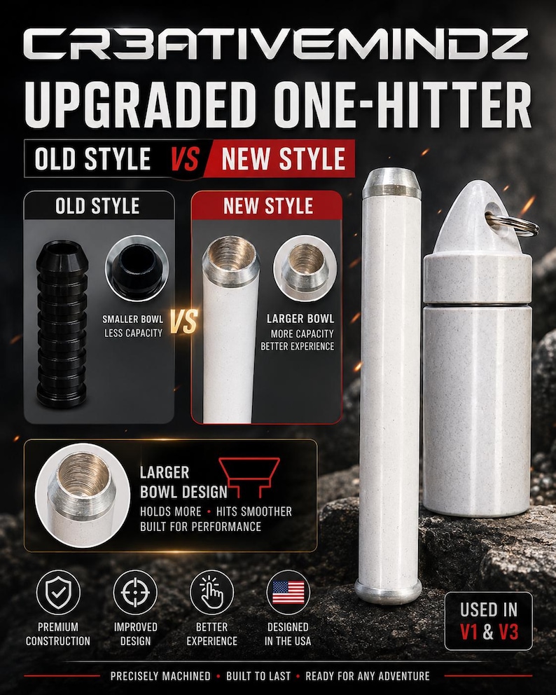 May include: A white one-hitter pipe and matching storage container with a metallic finish. The image includes text comparing an old style to a new style, highlighting a larger bowl design for increased capacity and improved performance.