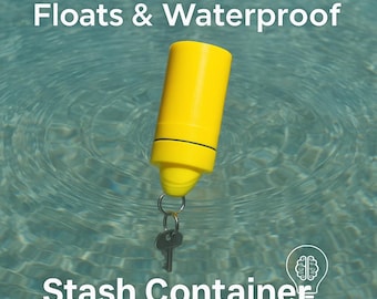 May include: A bright yellow waterproof stash container floats in water. The container is cylindrical with a black band and a key attached to a keyring. The words "Floats & Waterproof" and "Stash Container" are displayed in white text.