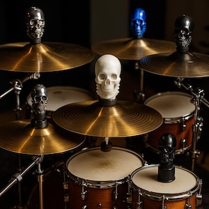 May include: A drum kit with brass cymbals and wooden drums. Each cymbal is topped with a decorative skull in various colors, including silver, white, blue, and black. The drum set is set against a dark background.