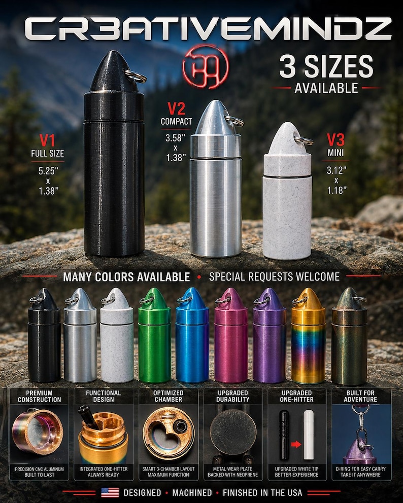 May include: Three cylindrical metal containers labeled V1 Full Size at 5.25 by 1.38 inches, V2 Compact at 3.58 by 1.38 inches, and V3 Mini at 3.12 by 1.18 inches. Includes various colors, a three-chamber layout, and a D-ring for attachment.