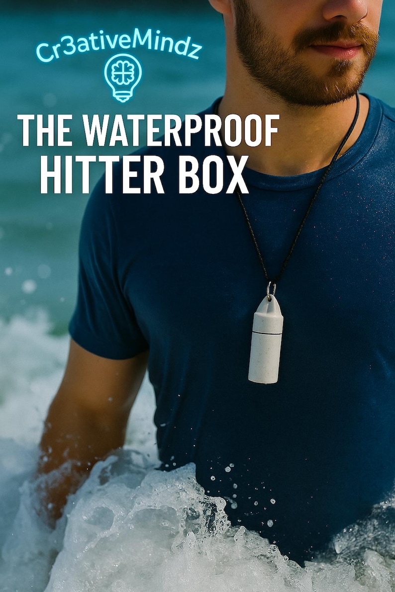 May include: A cylindrical, off-white waterproof hitter box pendant hanging from a black cord. The text Cr3ativeMindz and THE WATERPROOF HITTER BOX are displayed in white and light blue above the pendant against a blurred ocean background.