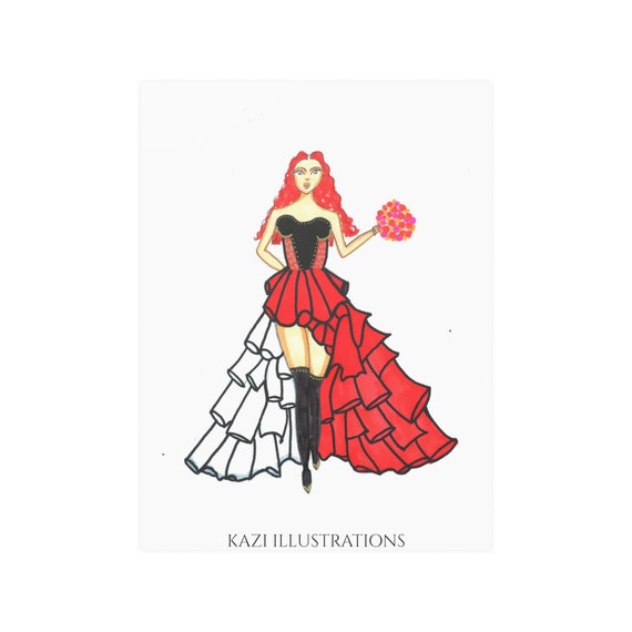 RED WEDDING Dress. Portrait Illustration - Etsy