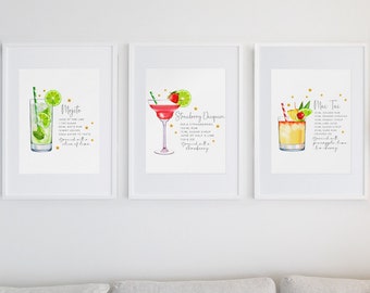 Set med 3 klassiska cocktailtryck, utskrivbara köksdekorationer, cocktailväggkonst för matsal, barposter, minimalistisk bardekor, alkoholtryck