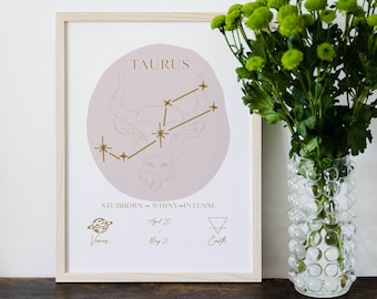 Taurus Zodiac Print,Taurus Poster,Astrology Gift,Horoscope Gift,Astrology Wall Art, Star Sign Poster,Zodiac Wall Art,Digital Download Poster