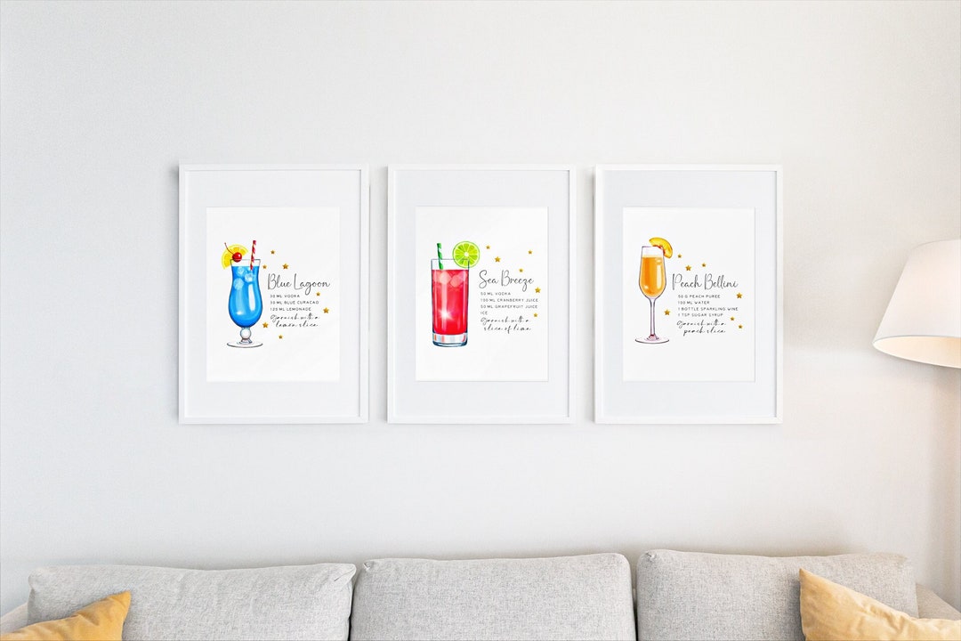 printable kitchen prints wall art, set of 6, hand... Set of 3 Classic Coctail Print, Printable Kitchen Decor, Dining Room ...