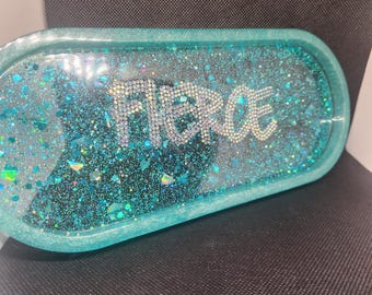 Aqua Glitter Resin Jewelry Tray: "Fierce" Decor