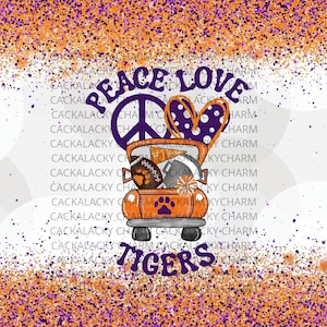 May include: A digital illustration of a vintage truck with a peace sign and a heart. The truck is filled with footballs and a cheerleader's pom-poms. The text "Peace Love Tigers" is written in purple and orange letters.