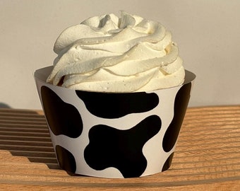 Cow Print Cupcake Wrappers - Printable for Birthday & Farm Party - Black and White Cupcake Decor - Instant Download