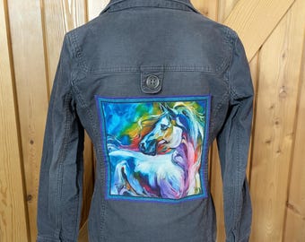Ladies Custom Western Corduroy Jacket, Curvy Prana Coat, Custom Jean Jacket, Grey Prana Jacket, Watercolor horse Size Small #2510