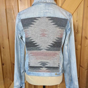 Women&#39;s Western Custom Denim and Wool Jacket, Cowgirl Rodeo Coat, Jean Jacket, Patchwork Coat, Denim Jacket, Aztec Southwest Size XL #2301