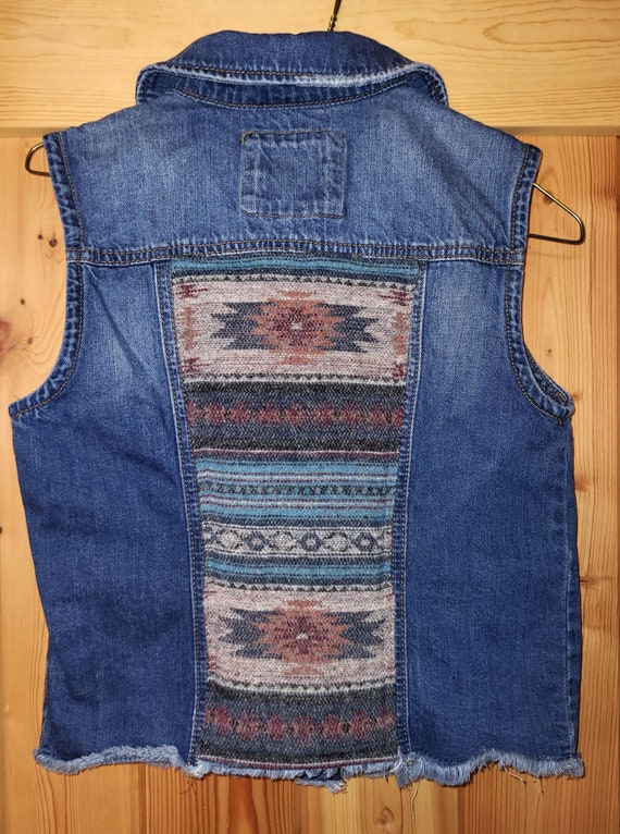 Western Vest, Cowgirl Denim Vest, Custom Cowgirl Coat, Denim Vest with Wool, Southwest, Aztec, MUDD Small, #2215