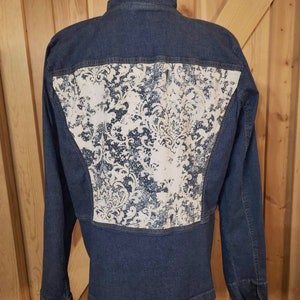 Upcycled Denim Jacket: Floral Upholstery Panel, Western Jean Blazer (XL)