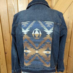 Western Denim Jacket, Cowgirl Coat, Upcycled Jean Jacket, Custom Denim and Wool Jacket, Rodeo Gear, Aztec Southwest Size 2XL #2514