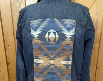 Western Denim Jacket, Cowgirl Coat, Upcycled Jean Jacket, Custom Denim and Wool Jacket, Rodeo Gear, Aztec Southwest Size 2XL #2514