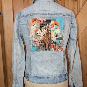 Chaqueta vaquera retro para mujer, vaquera adornada, vaquera vintage, chaqueta vaquera azul con parches personalizados, vaquera occidental, talla pequeña n.° 2286