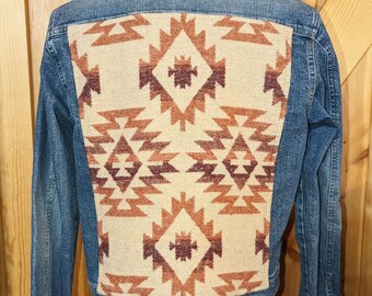 Western Denim and Wool Jacket, Southwestern, Custom Cowgirl Coat, Pendleton Wool Blend, Riveted by Lee Sz Med