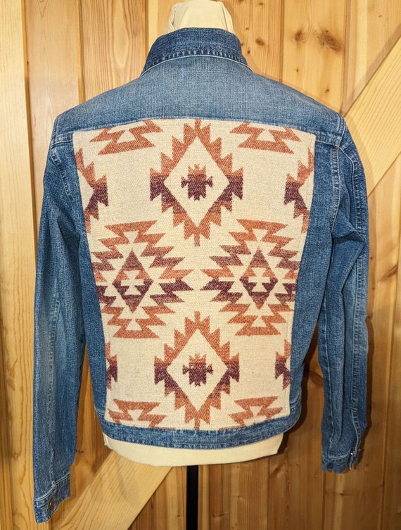 Custom Blue Jean Jacket, Western Denim and Wool Blend Coat, Aztec