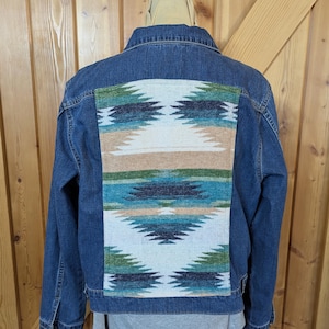 Veste western en jean et laine pour femme, manteau cow-girl rodéo, veste en jean personnalisée Land's End, manteau en jean, aztèque sud-ouest taille XL #2284