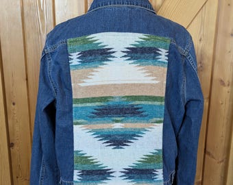 Ladies Western Denim and Wool Jacket, Cowgirl Rodeo Coat, Custom Land's End Jean Jacket, Denim Coat, Aztec Southwest Size XL #2284