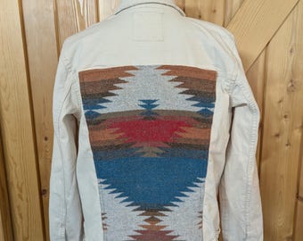 Custom Ladies Western Denim Jacket, Off White Jean Jacket with Southwest Wool Blend Back Panel, Rodeo Gear, Size LG#2360
