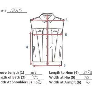May include: A sleeveless vest with a button-up front and two pockets. The vest is measured in inches: length to hem 10 1/2 inches, width at hip 16 inches, width at armpit 16 inches, length of back 19 1/2 inches, width at shoulder 13 1/2 inches. Vest # 2215.