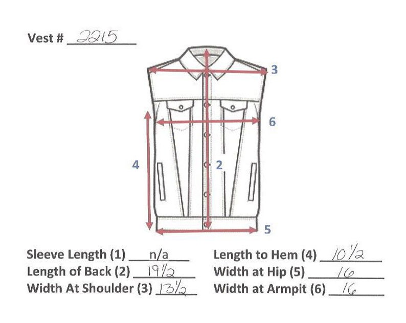 May include: A sleeveless vest with a button-up front and two pockets. The vest is measured in inches: length to hem 10 1/2 inches, width at hip 16 inches, width at armpit 16 inches, length of back 19 1/2 inches, width at shoulder 13 1/2 inches. Vest # 2215.